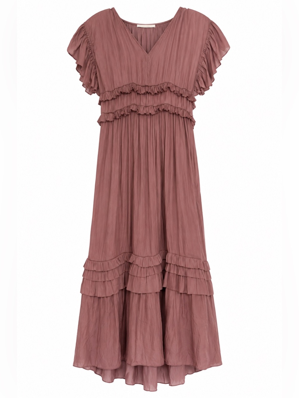 Ruffled Flutter-Sleeve Maxi Dress in Dusty Rose